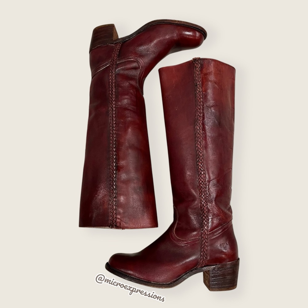 VINTAGE 1970s Frye Campus Leather Red-Brown Real Leather Braided Knee High Boot - Picture 5 of 16